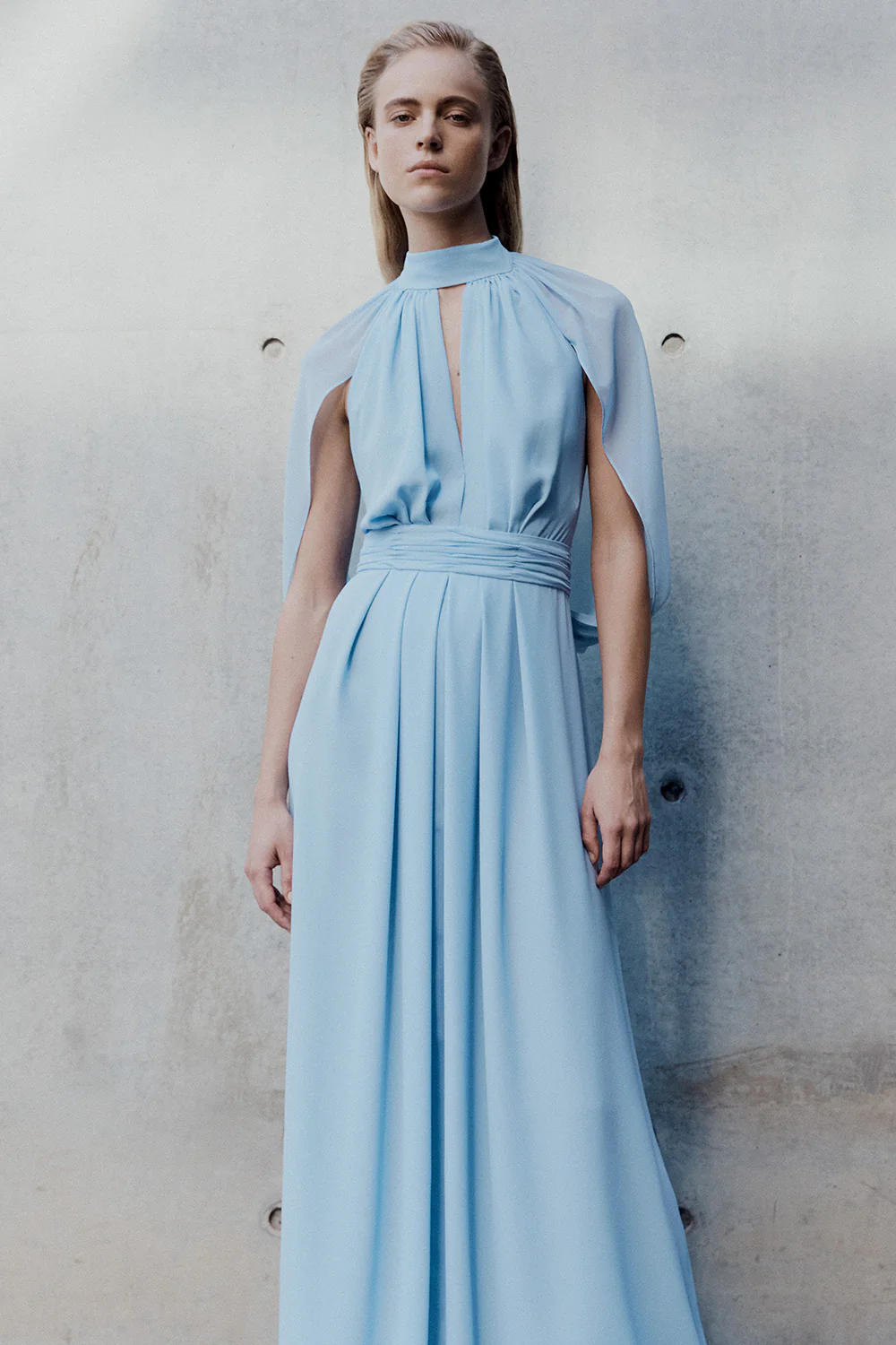 POWDER BLUE GEORGETTE HALTER CAPE GOWN - Image 5