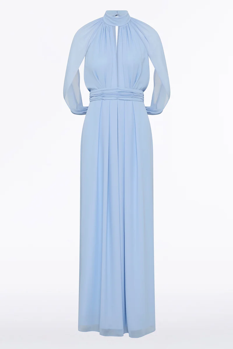 POWDER BLUE GEORGETTE HALTER CAPE GOWN - Image 6