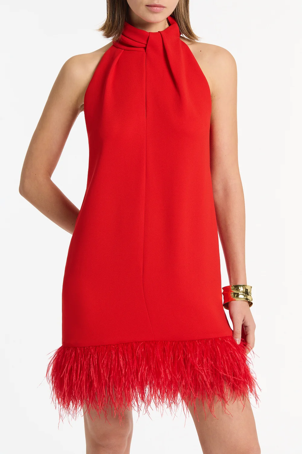 RED CREPE FEATHER MINI DRESS - Image 4