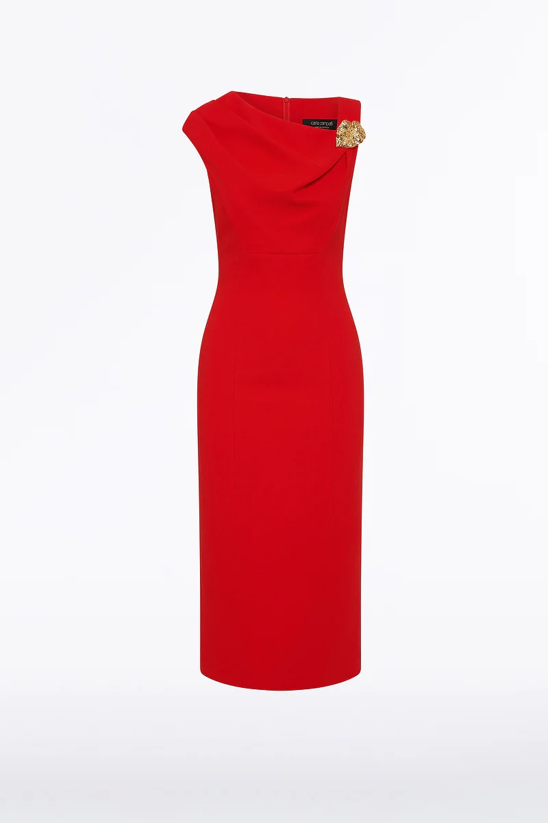 RED CREPE LEAF MIDI DRESS - Image 5