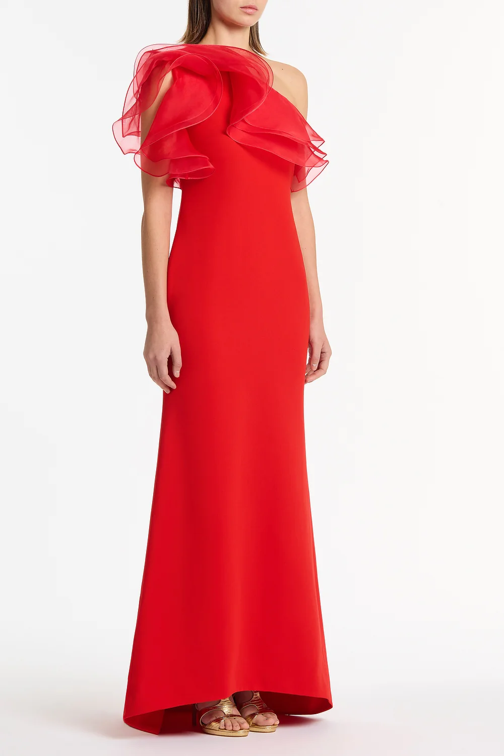 RED CREPE ONE SHOULDER ORGANZA RUFFLE GOWN - Image 2
