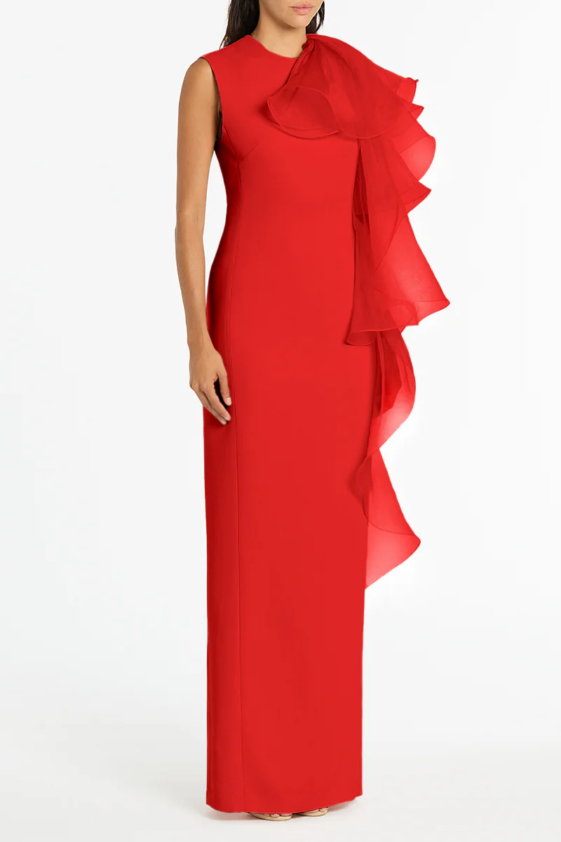 RED CREPE RUFFLE SHOULDER GOWN - Image 3