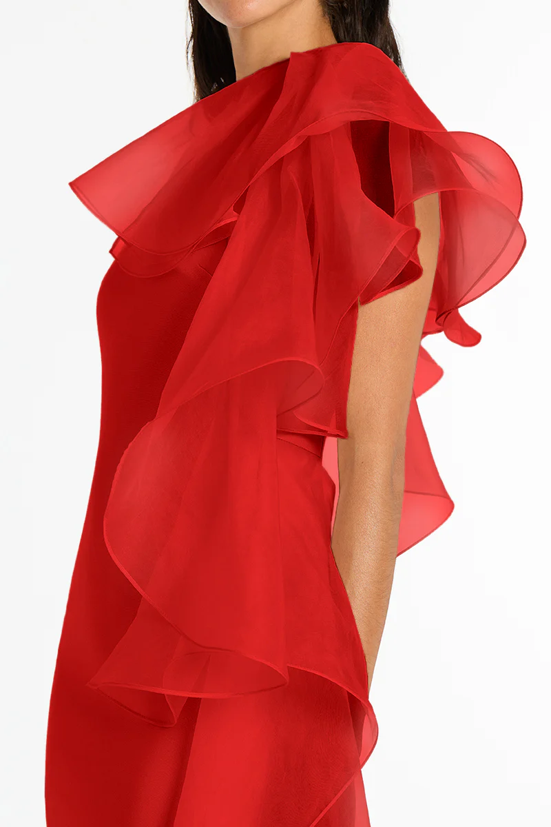 RED CREPE RUFFLE SHOULDER GOWN - Image 4