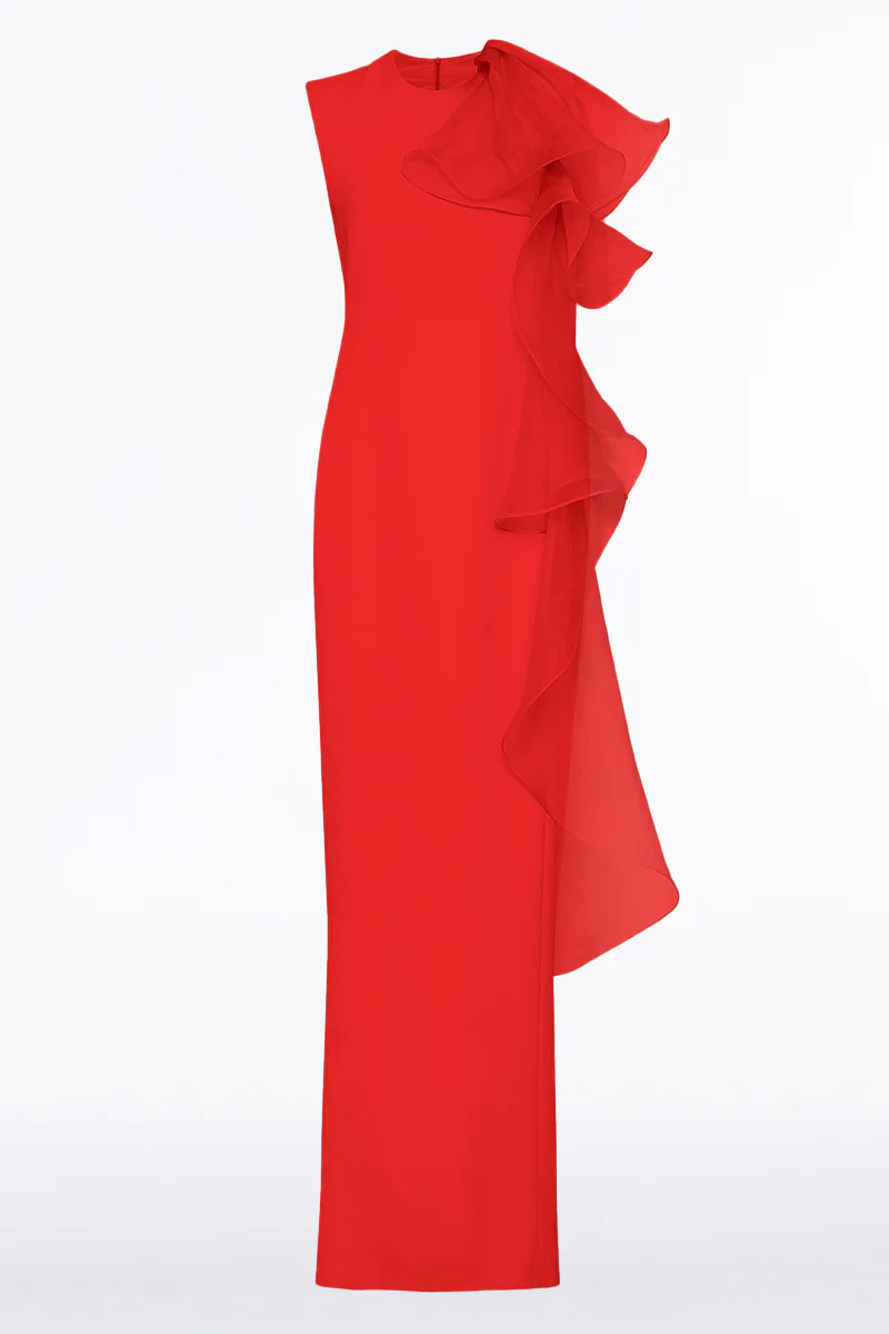 RED CREPE RUFFLE SHOULDER GOWN - Image 5
