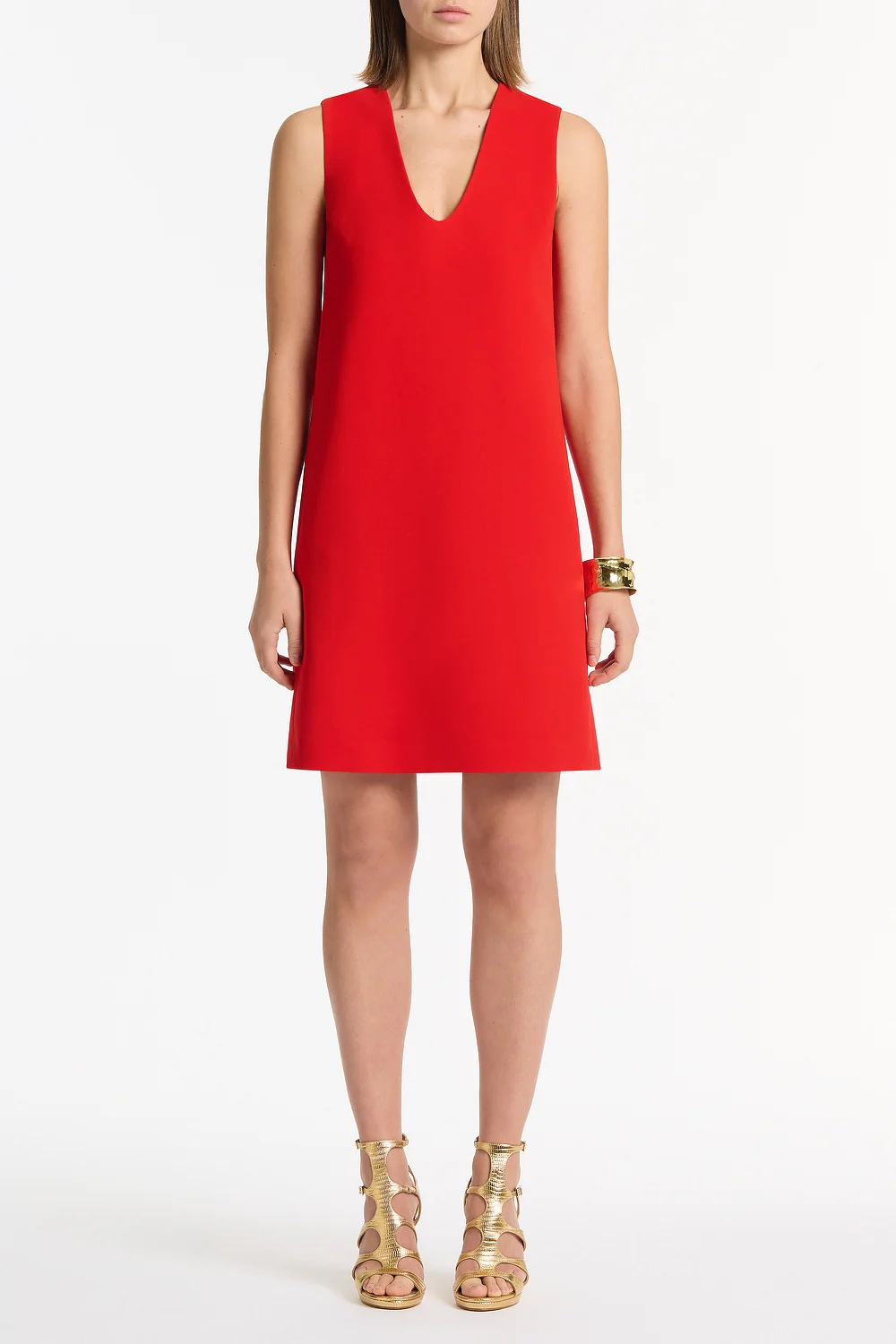 RED CREPE SCOOP NECK SHIFT DRESS
