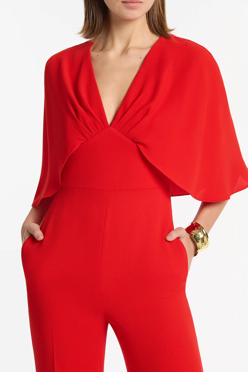 RED CREPE TUCK FRONT CAPE JUMPSUIT - Image 4