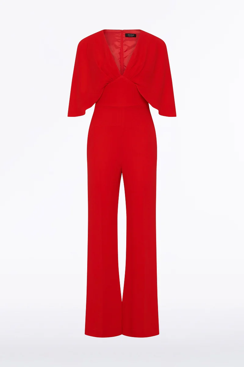 RED CREPE TUCK FRONT CAPE JUMPSUIT - Image 5