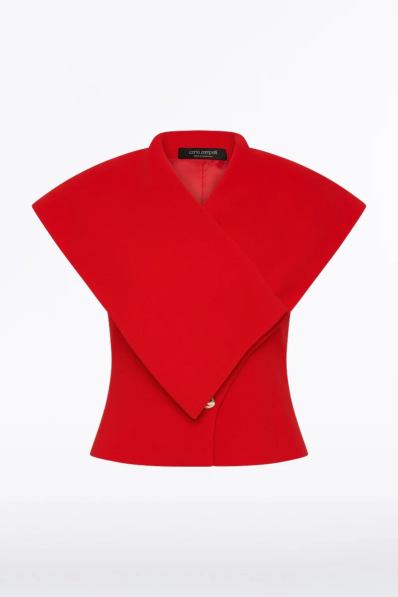 RED CREPE WRAP SLEEVELESS JACKET - Image 5