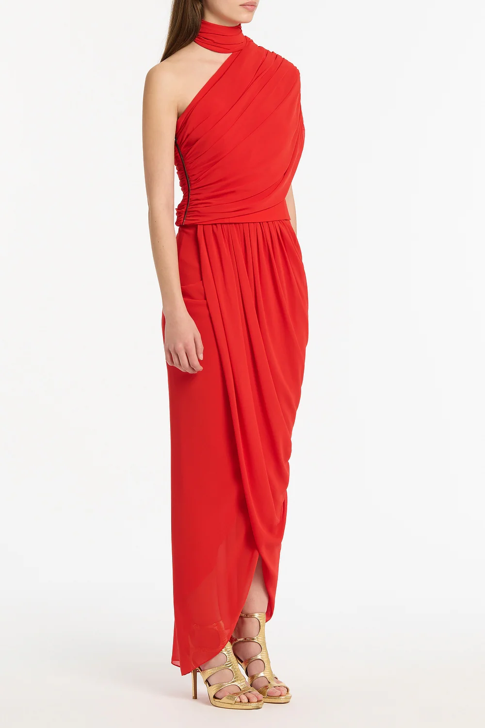 RED GEORGETTE ONE SHOULDER DRAPE TOP - Image 2