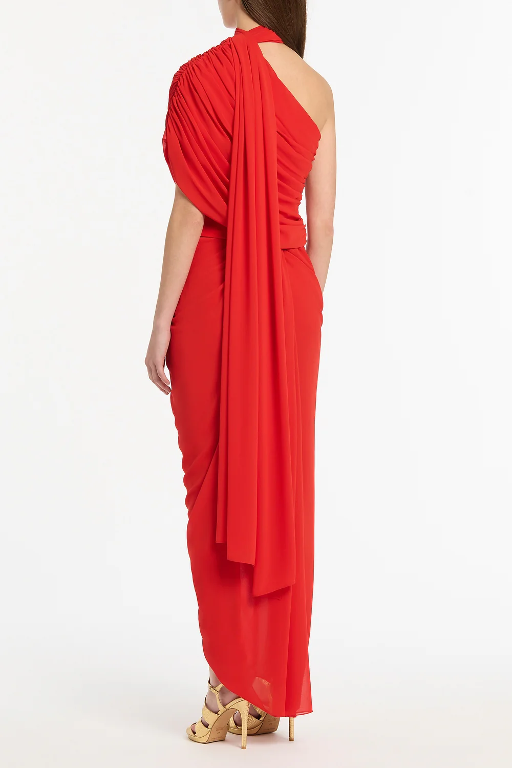 RED GEORGETTE ONE SHOULDER DRAPE TOP - Image 3