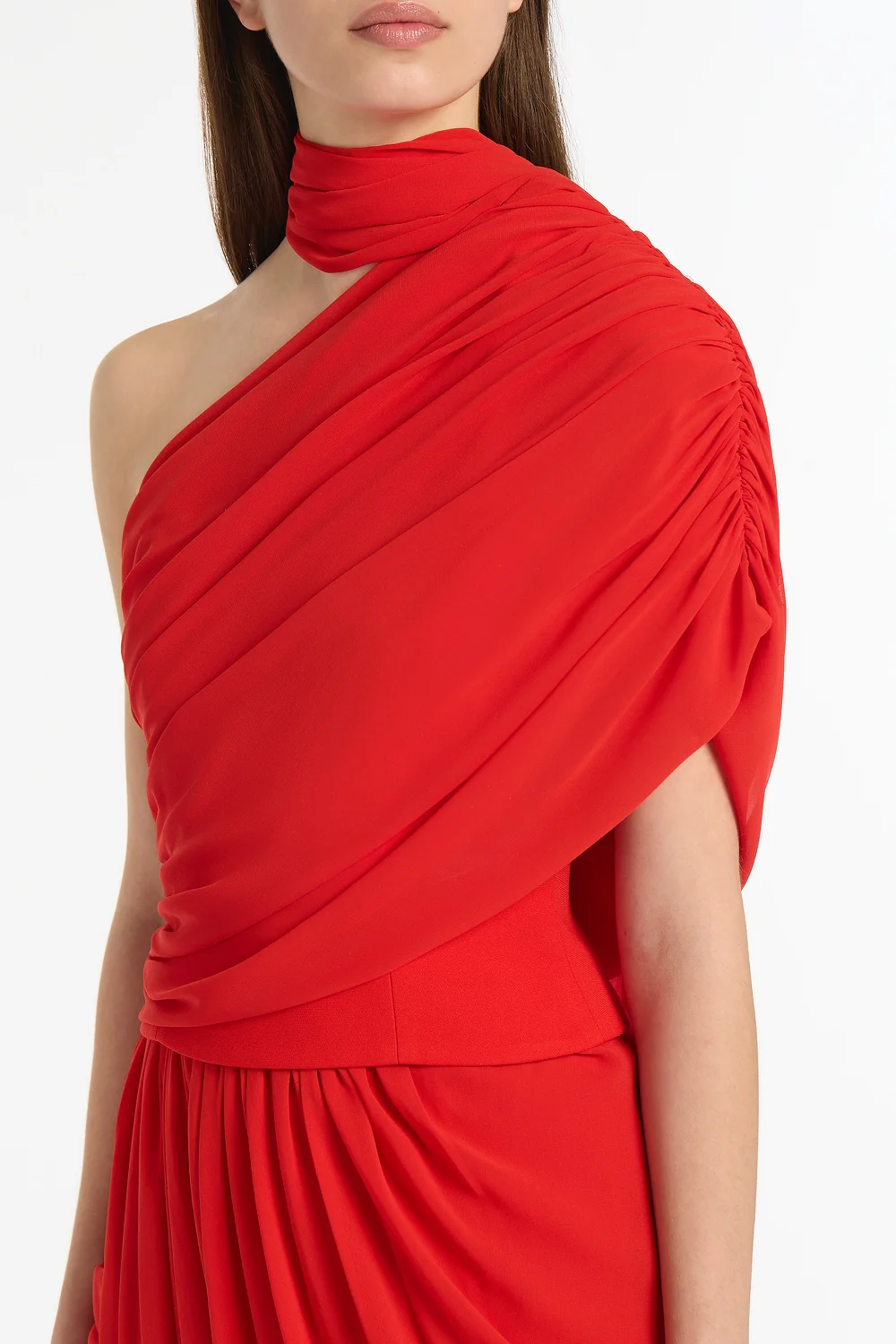 RED GEORGETTE ONE SHOULDER DRAPE TOP - Image 4