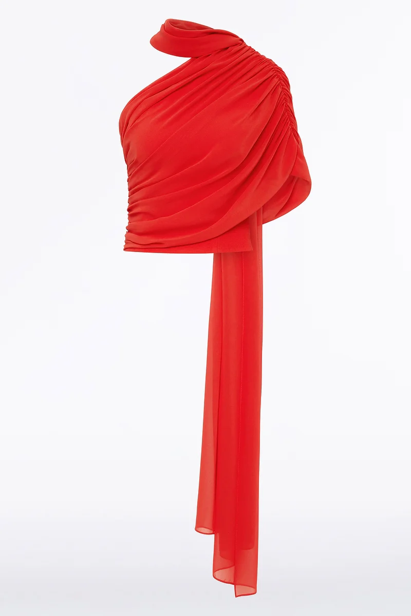 RED GEORGETTE ONE SHOULDER DRAPE TOP - Image 7