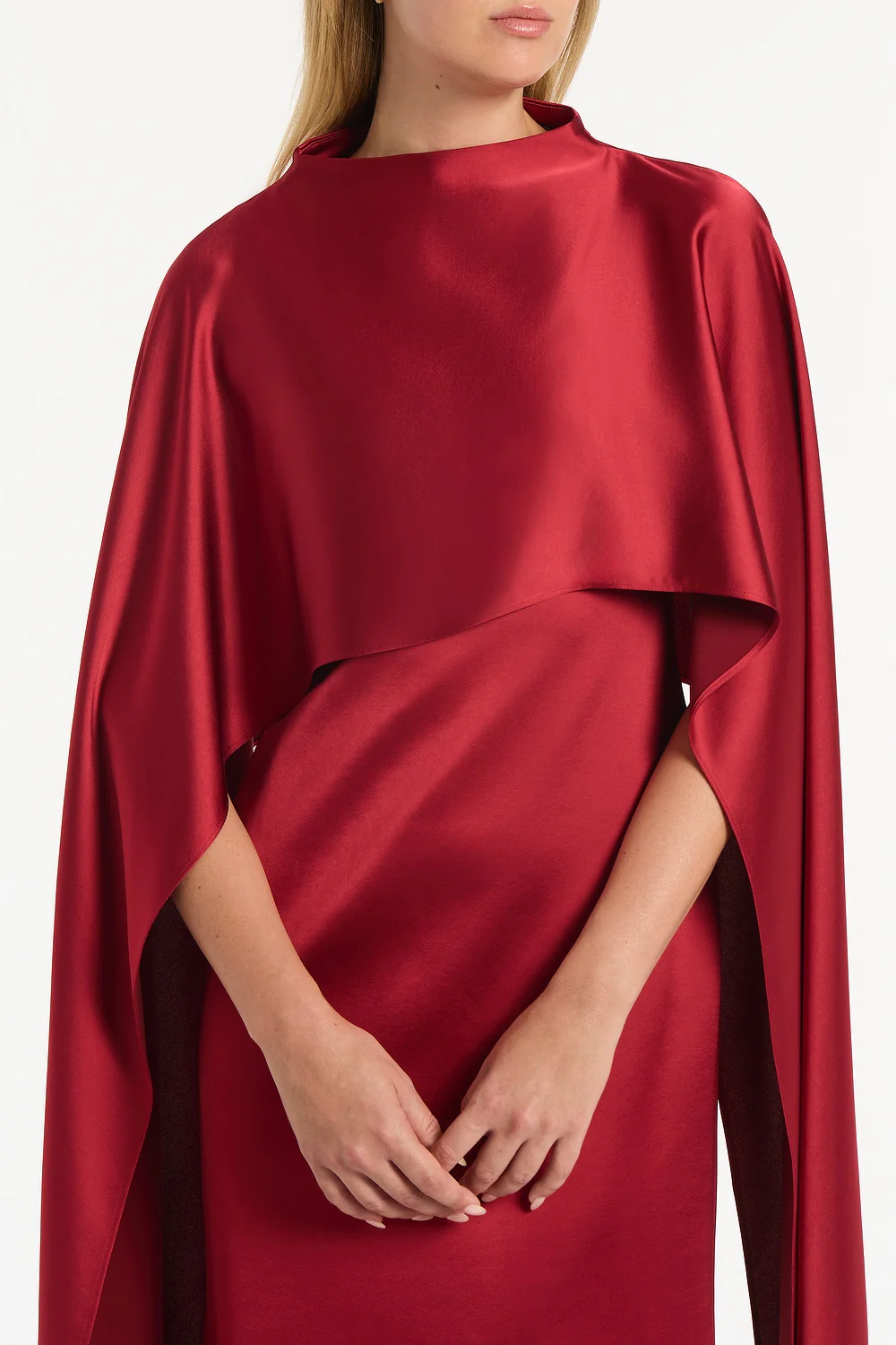 RIO RED SATIN CAPE DRESS - Image 4