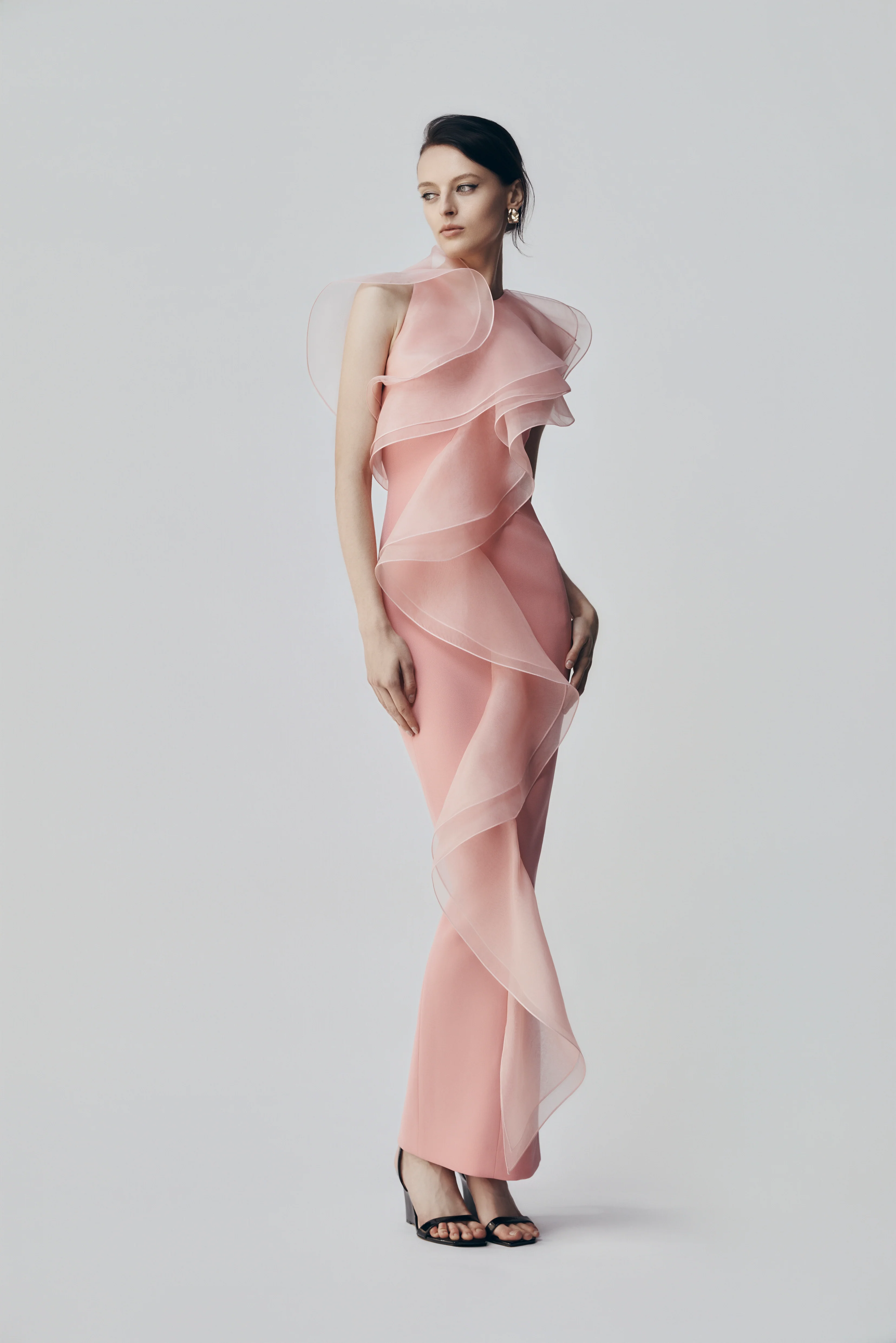 ROSE PINK CREPE RUFFLE FRONT GOWN - Image 4