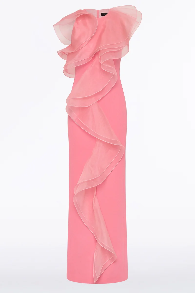 ROSE PINK CREPE RUFFLE FRONT GOWN - Image 5