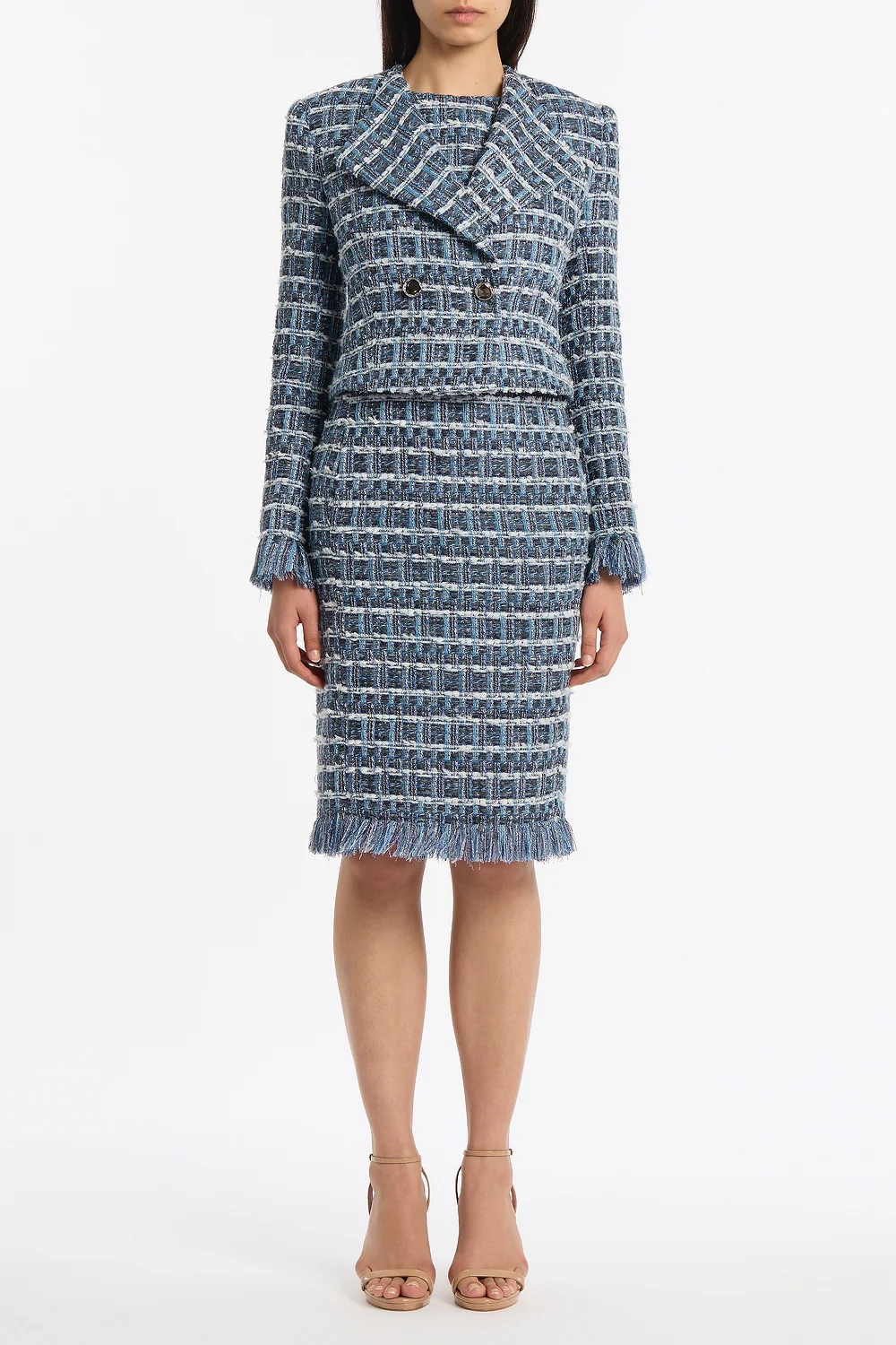 ROYAL METALLIC CHECK TWEED FRINGED CROPPED JACKET