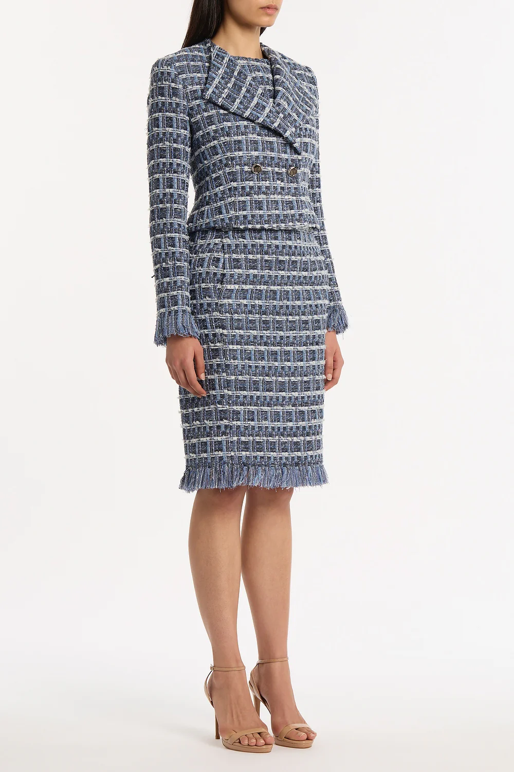 ROYAL METALLIC CHECK TWEED FRINGED CROPPED JACKET - Image 2