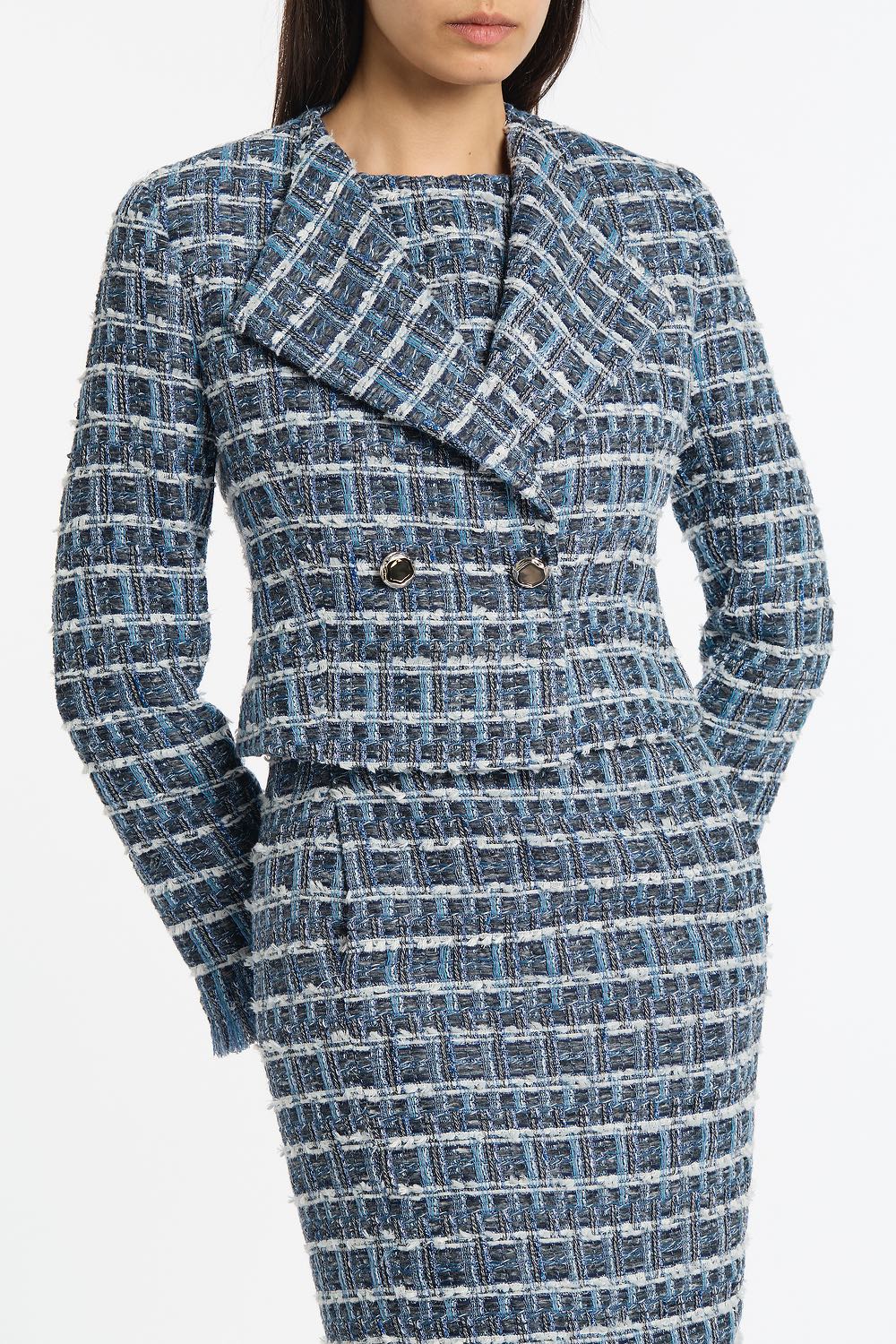 ROYAL METALLIC CHECK TWEED FRINGED CROPPED JACKET - Image 4