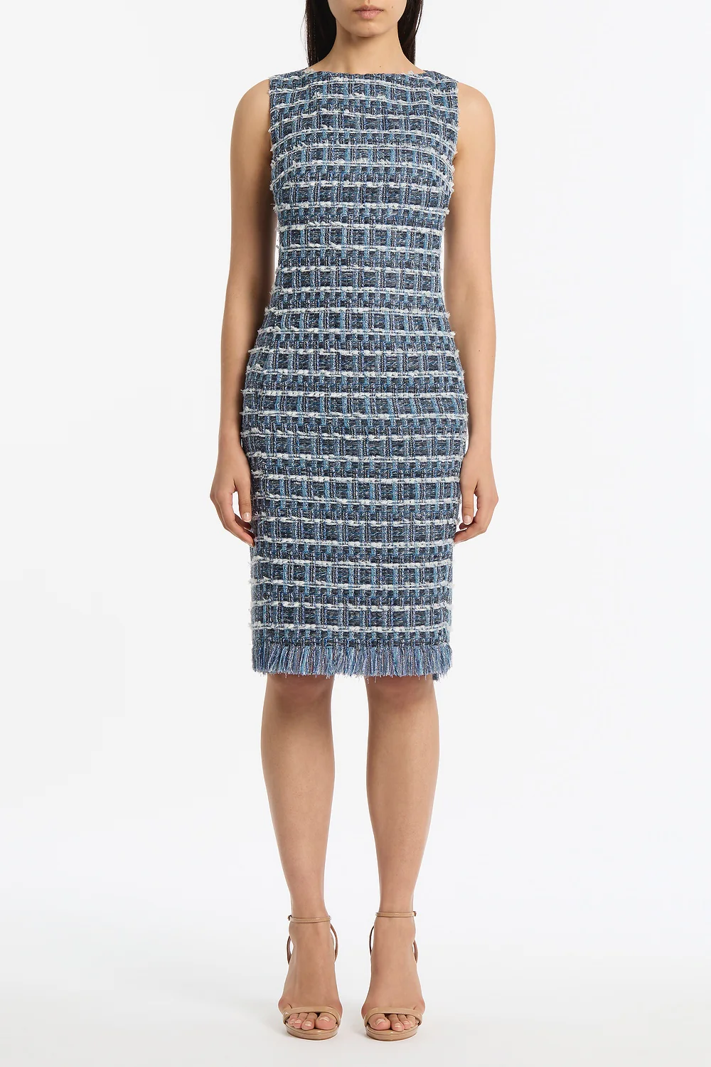 ROYAL METALLIC CHECK TWEED FRINGED SHEATH DRESS