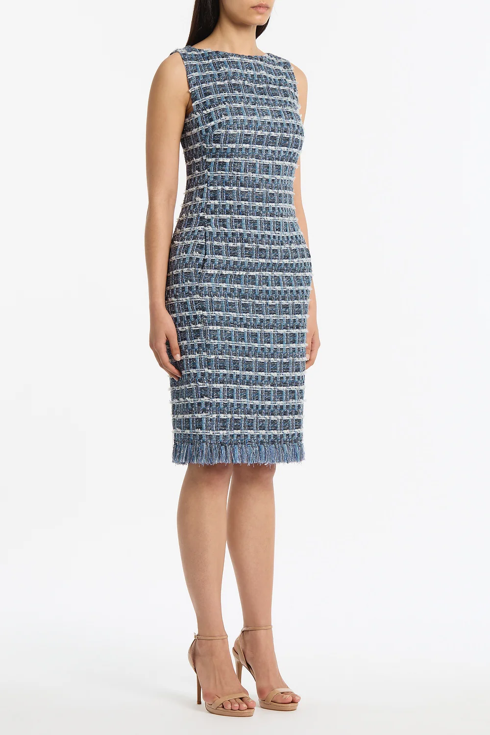 ROYAL METALLIC CHECK TWEED FRINGED SHEATH DRESS - Image 2
