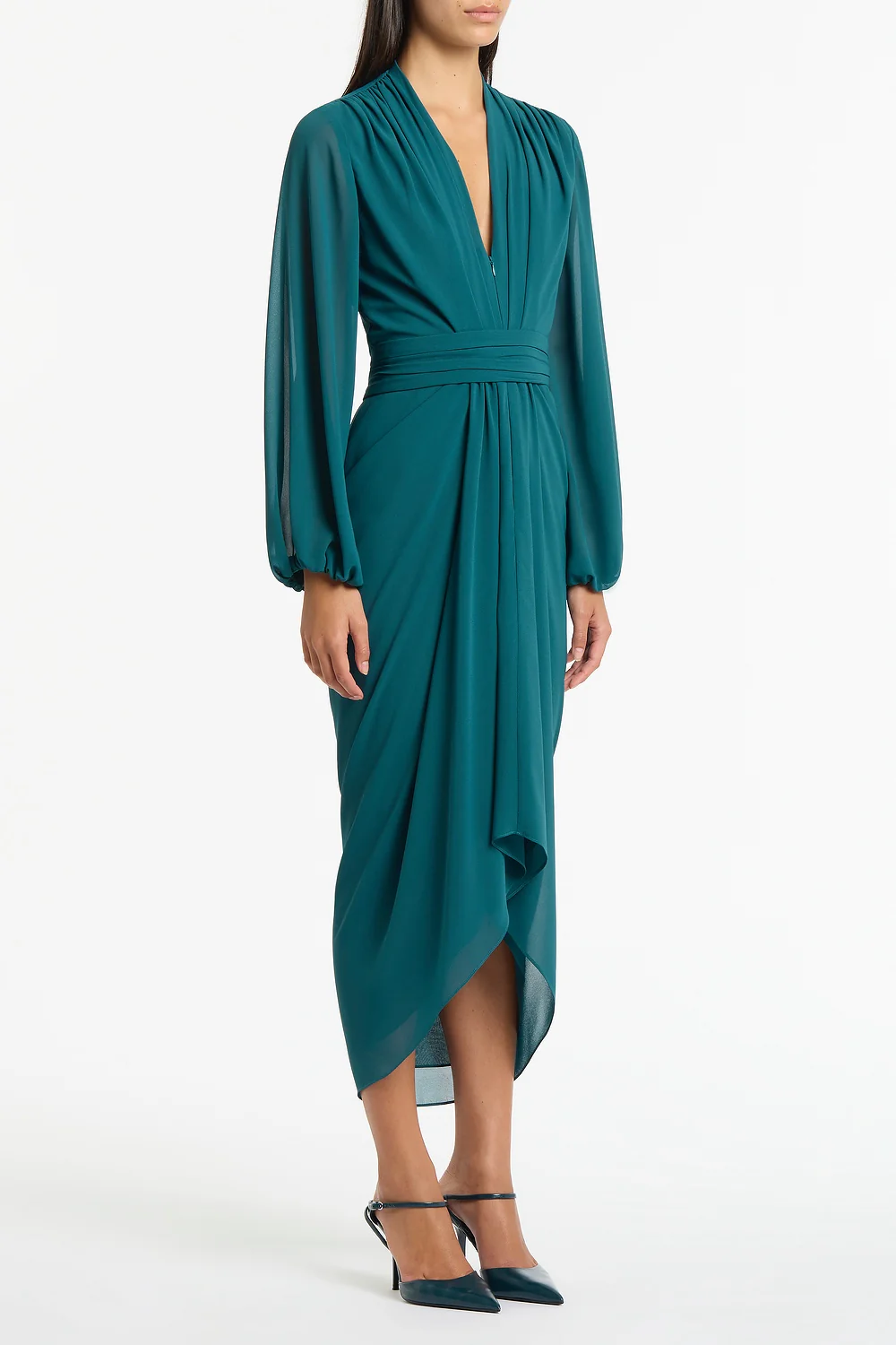 SERPENTINE GEORGETTE LONG SLEEVE WATERFALL DRESS - Image 2