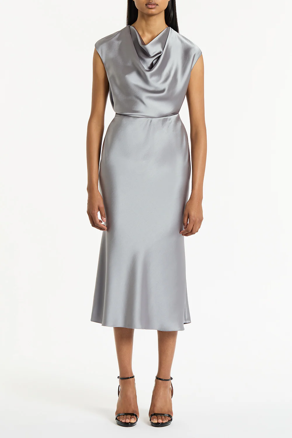 SILVER SATIN COWL NECK TOP