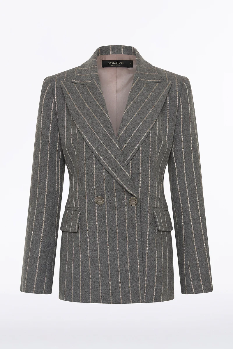 SLATE ITALIAN WOOL PINSTRIPE DOUBLE BREASTED BLAZER - Image 6