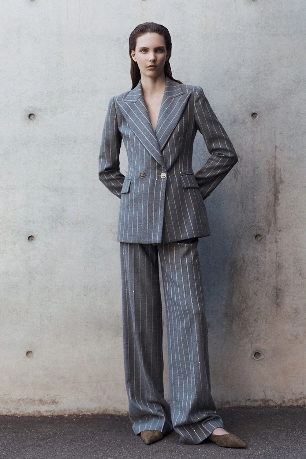SLATE ITALIAN WOOL PINSTRIPE WIDE LEG PANT - Image 4