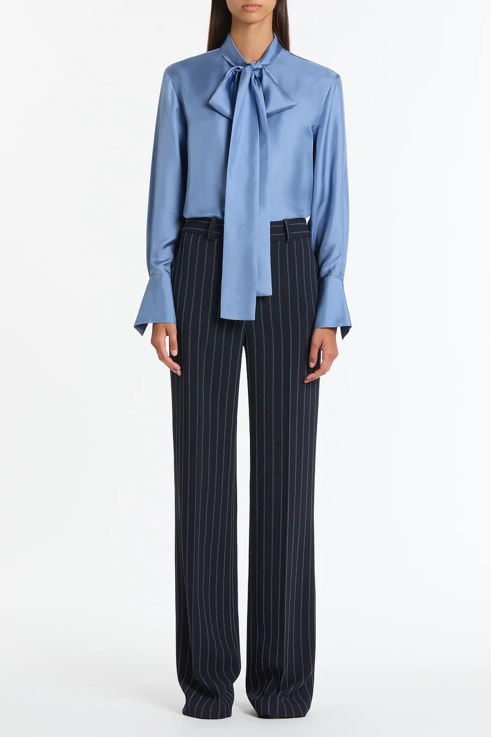 STEEL BLUE SILK RIBBON COLLAR SHIRT