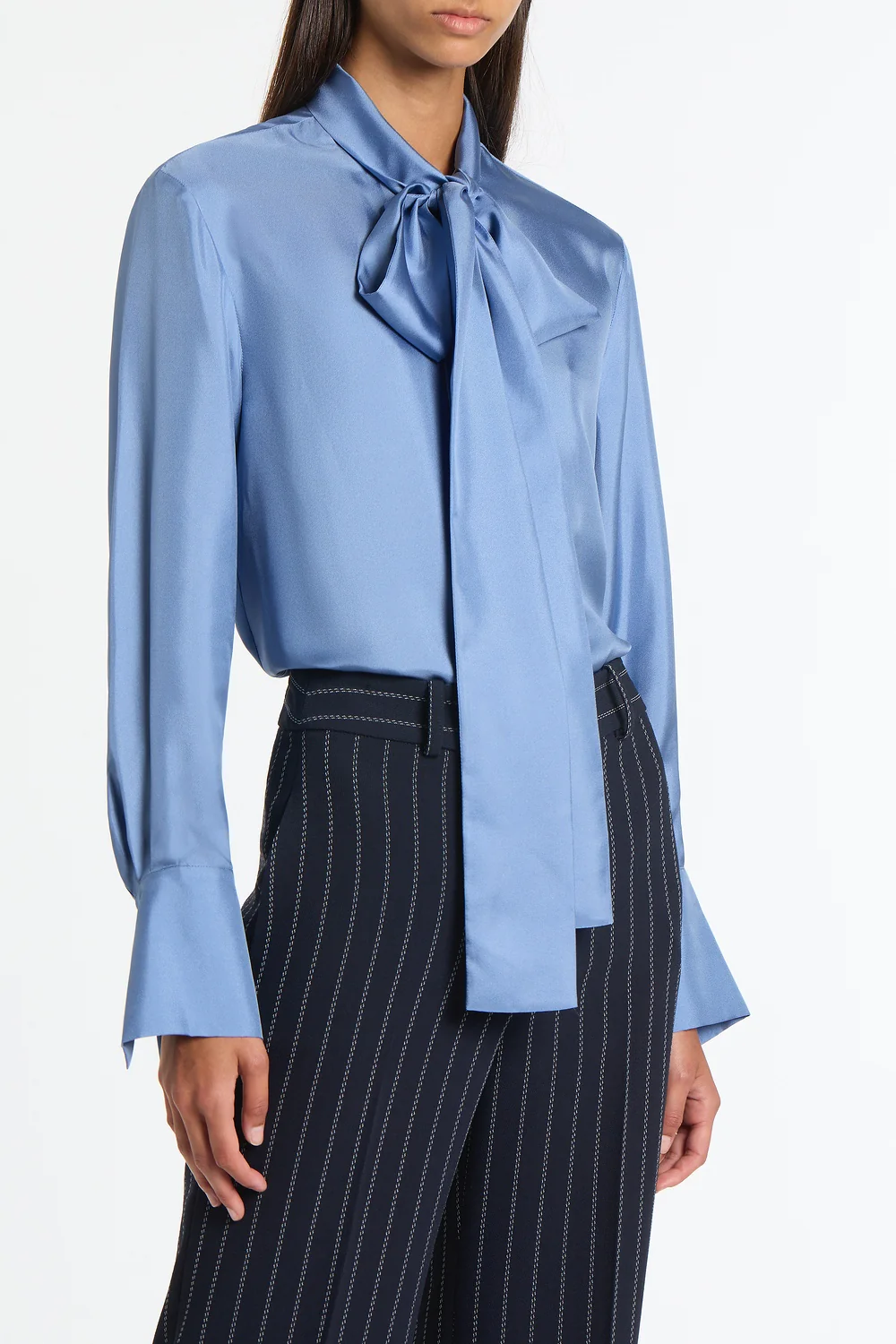 STEEL BLUE SILK RIBBON COLLAR SHIRT - Image 4