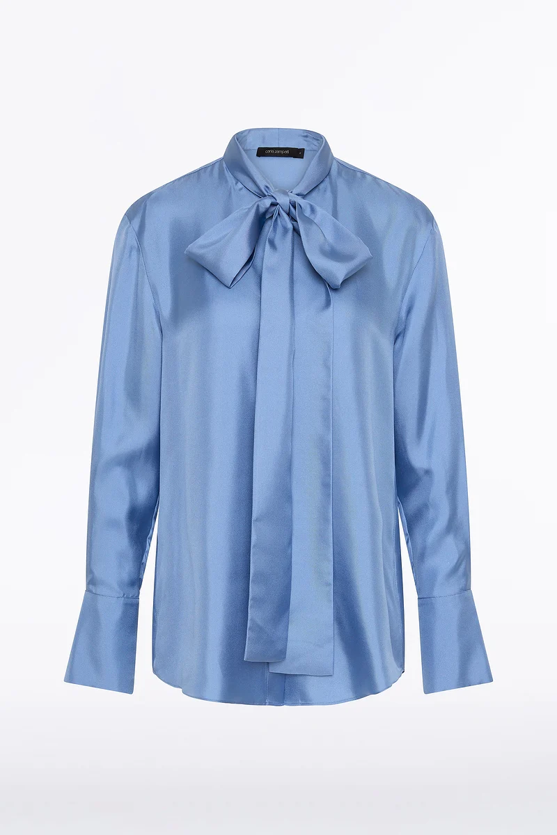 STEEL BLUE SILK RIBBON COLLAR SHIRT - Image 6