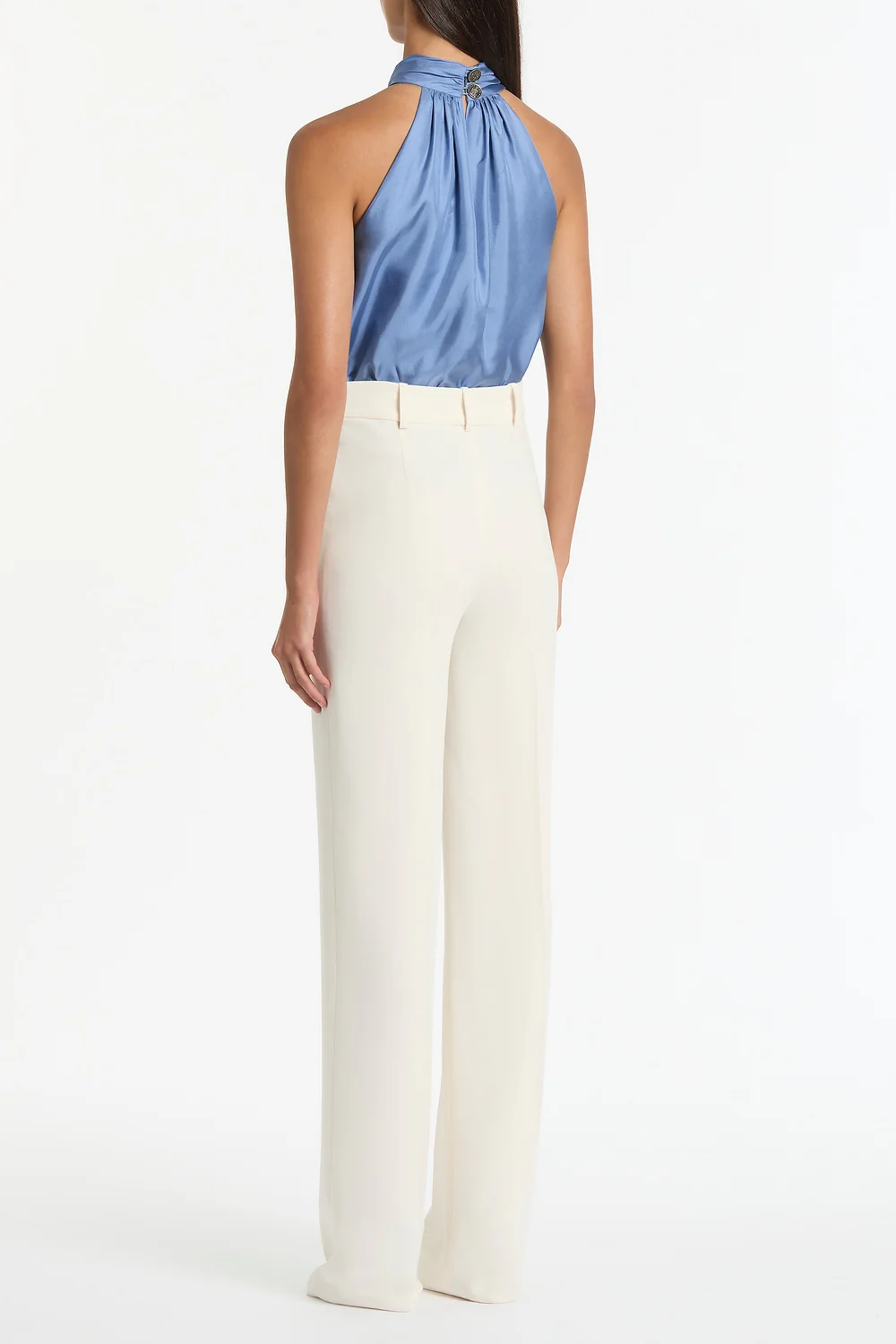 STEEL BLUE SILK TWILL RUFFLE HALTER TOP - Image 2