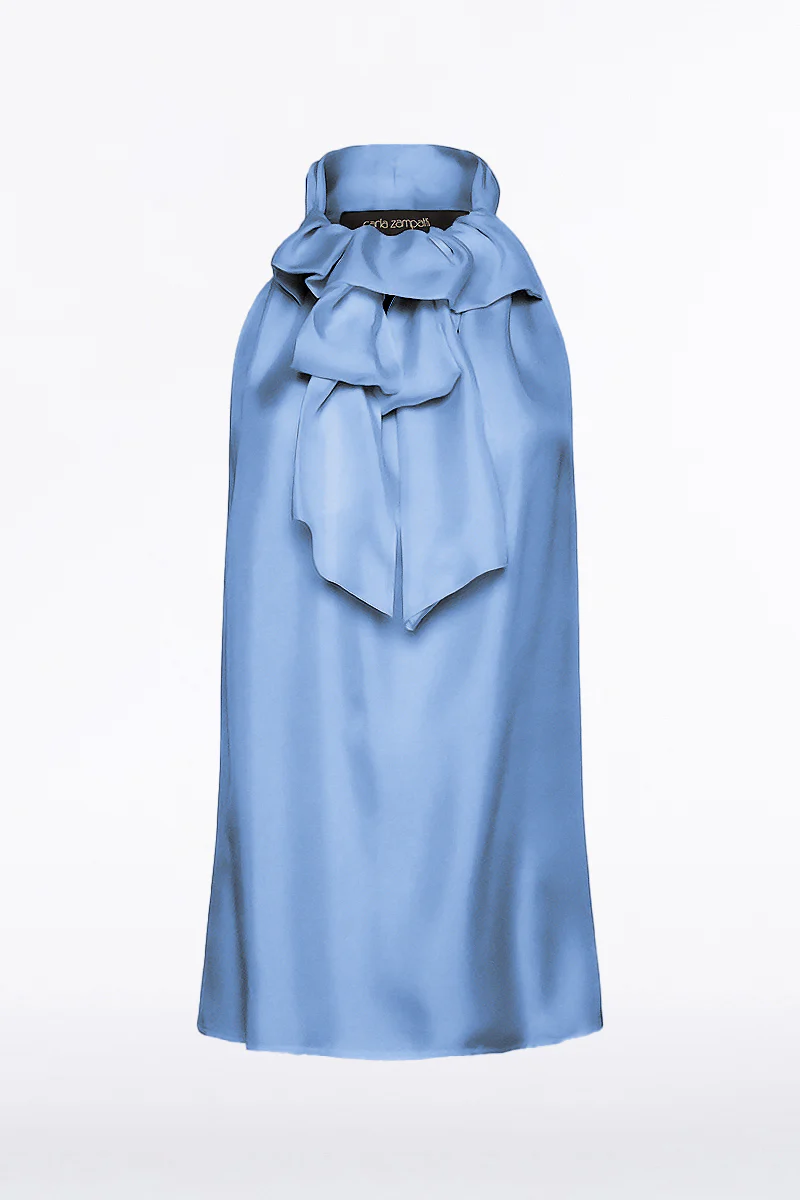 STEEL BLUE SILK TWILL RUFFLE HALTER TOP - Image 4