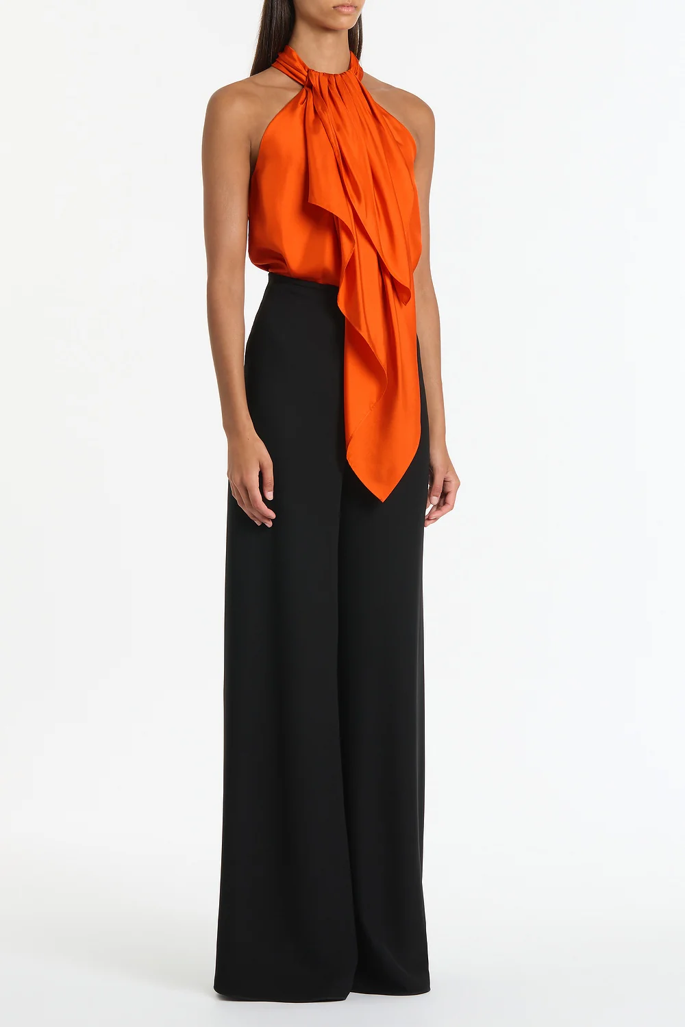 TANGERINE SILK TWILL RUFFLE HALTER TOP - Image 3