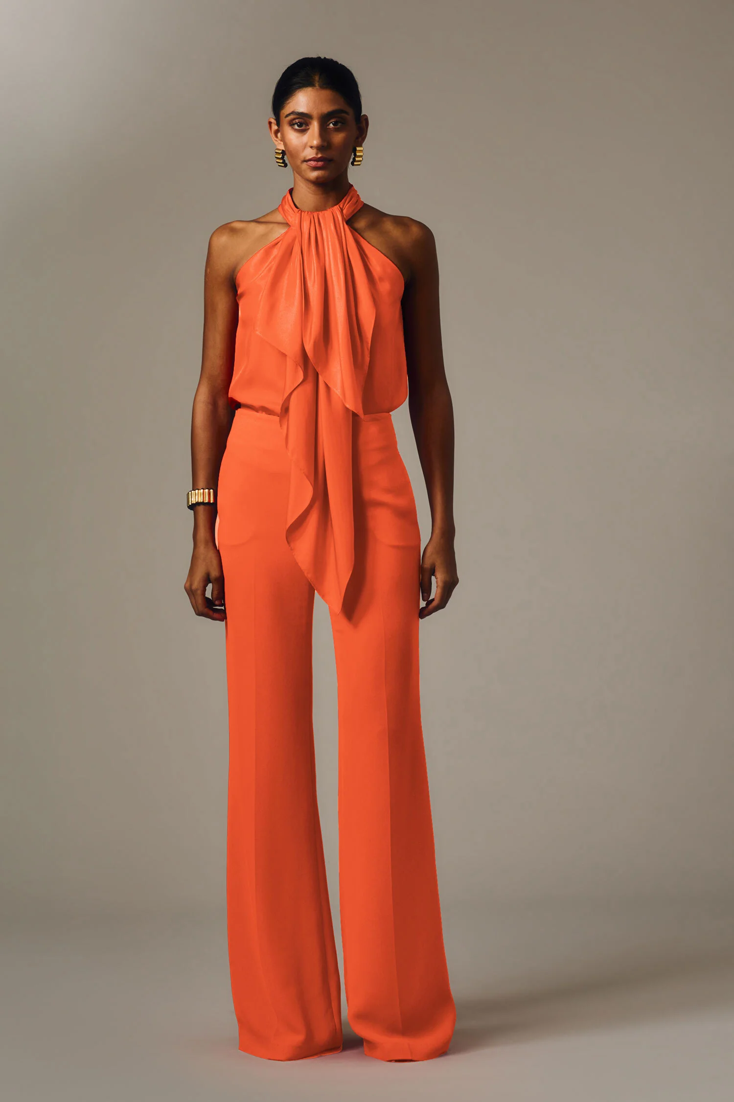 TANGERINE SILK TWILL RUFFLE HALTER TOP - Image 4