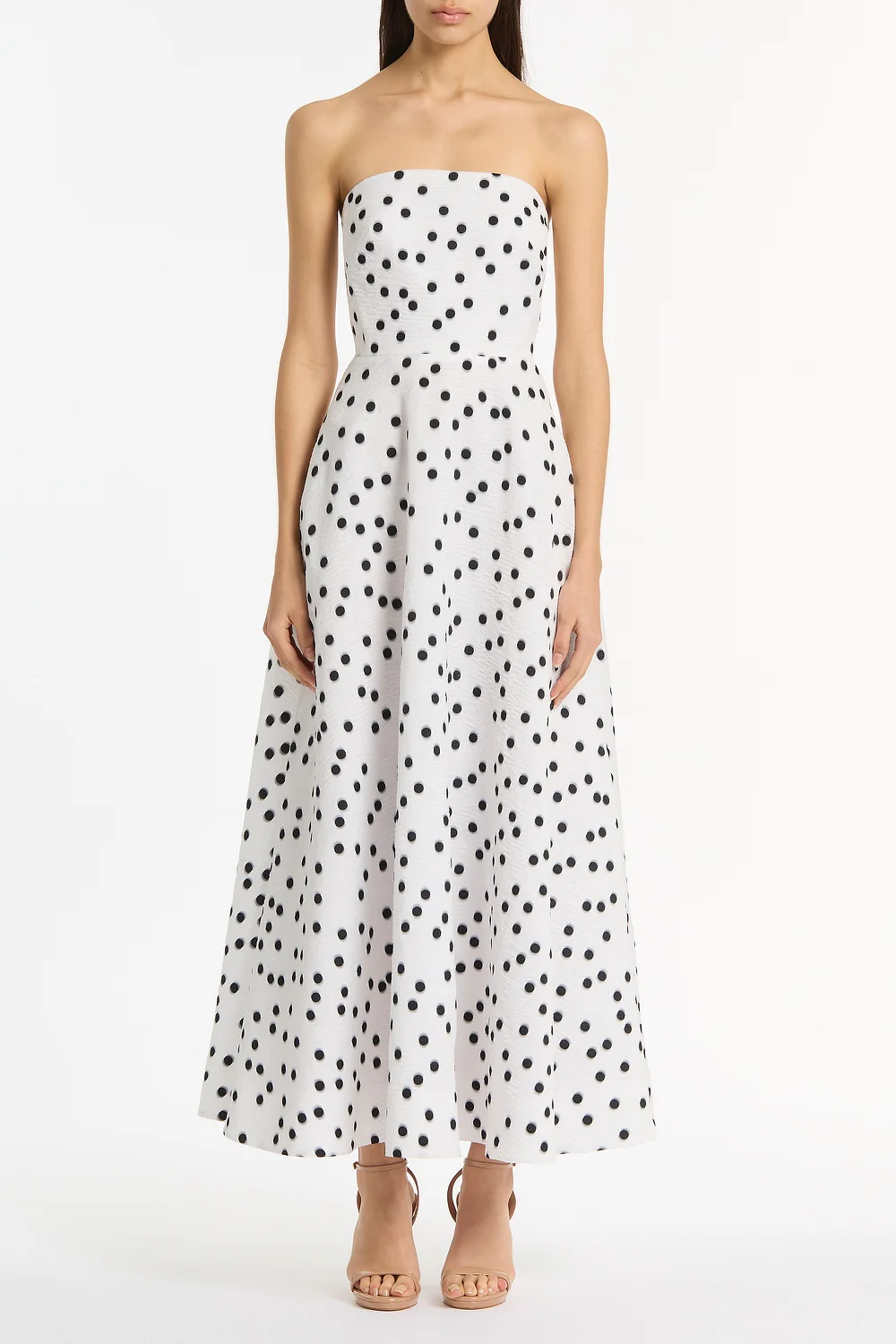 WHITE AND BLACK SPOT JACQUARD A-LINE STRAPLESS GOWN