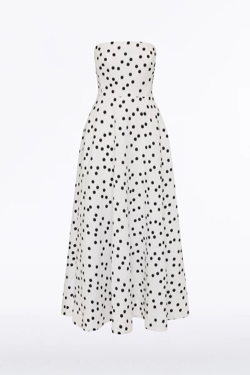 WHITE AND BLACK SPOT JACQUARD A-LINE STRAPLESS GOWN - Image 6