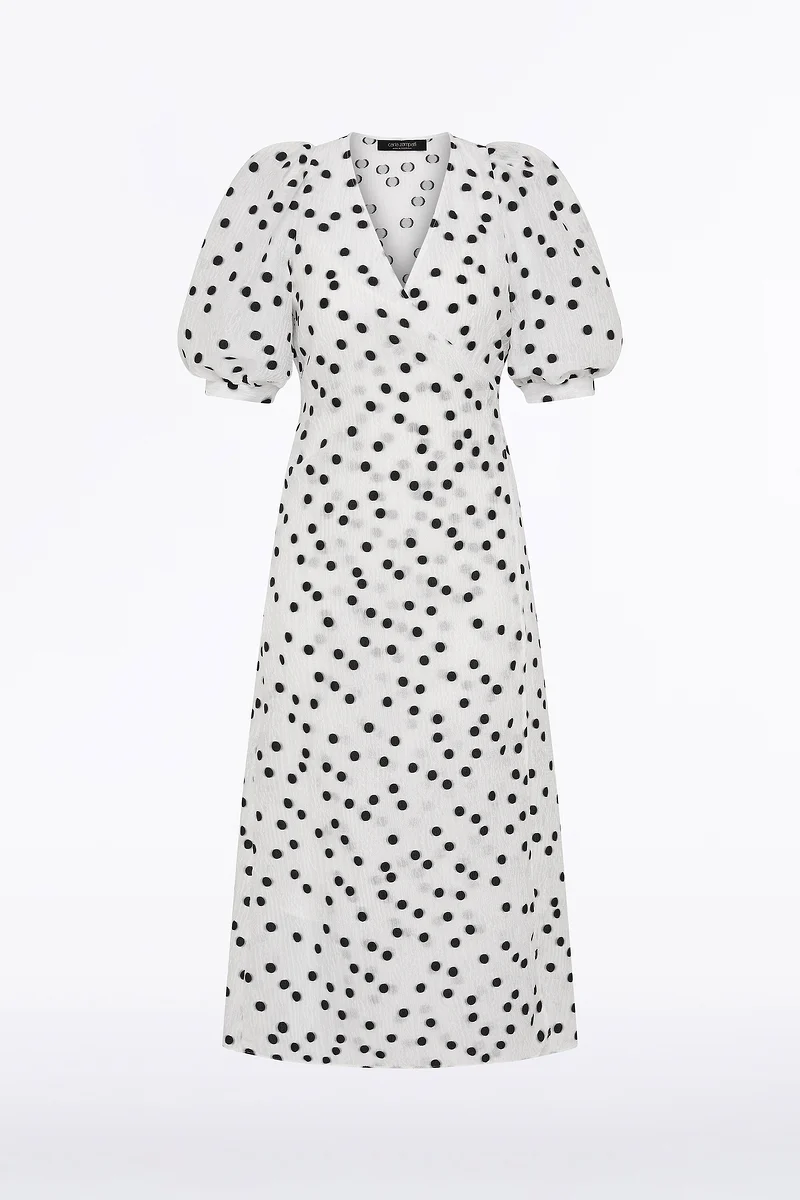 WHITE AND BLACK SPOT JACQUARD PUFF SLEEVE WRAP DRESS - Image 5