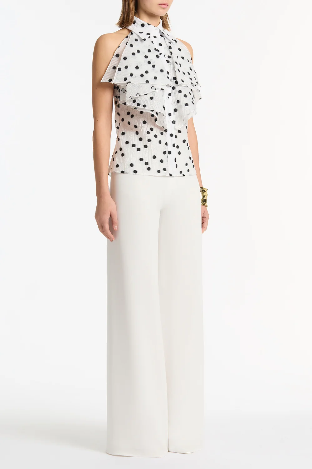 WHITE AND BLACK SPOT JACQUARD SLEEVELESS RUFFLE BLOUSE - Image 2
