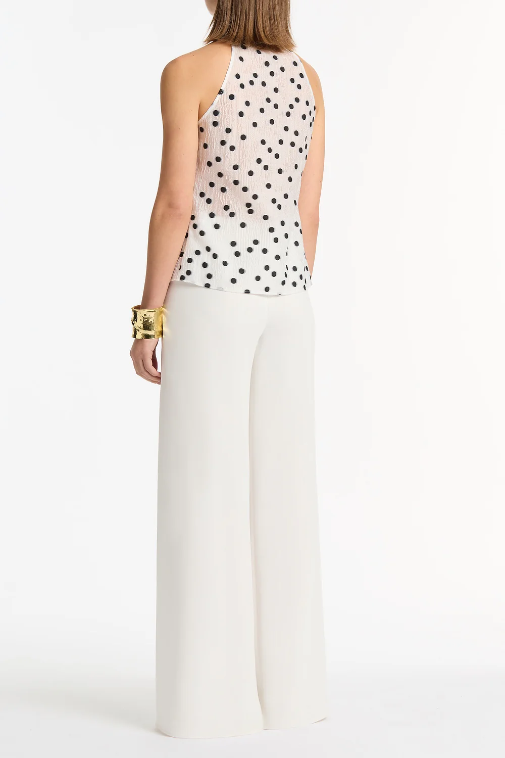 WHITE AND BLACK SPOT JACQUARD SLEEVELESS RUFFLE BLOUSE - Image 3
