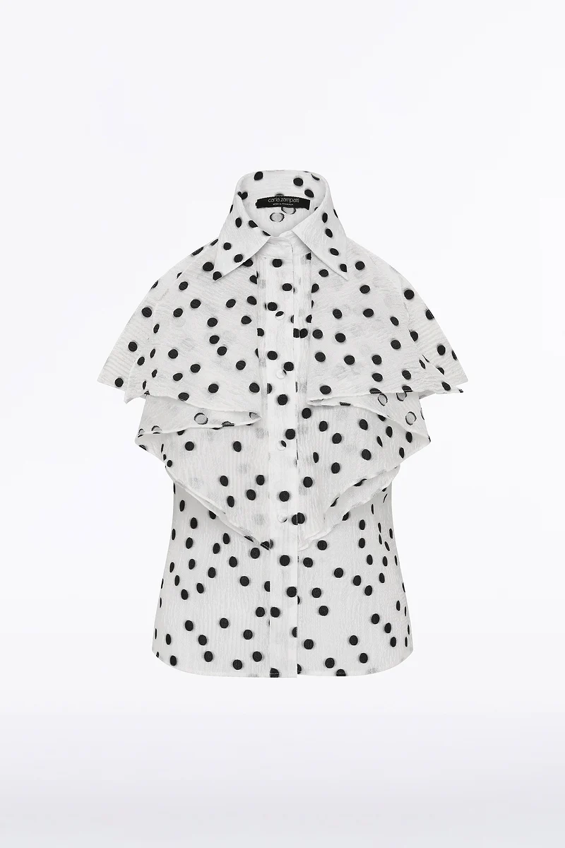 WHITE AND BLACK SPOT JACQUARD SLEEVELESS RUFFLE BLOUSE - Image 5
