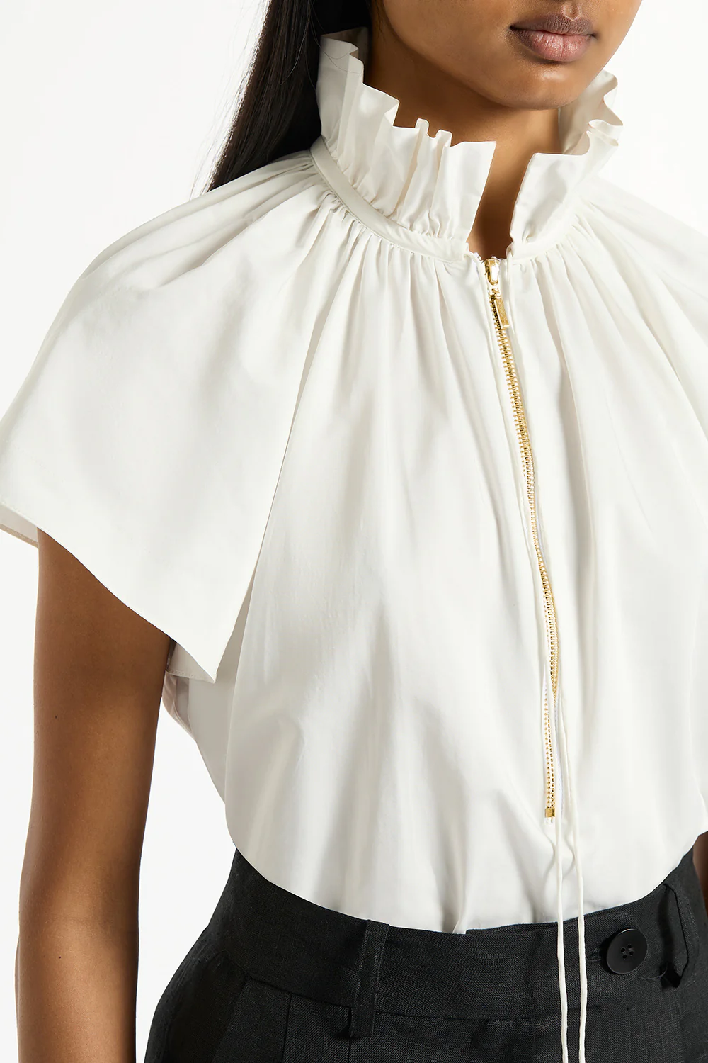 WHITE COTTON TAFFETA RUFFLE BLOUSE - Image 3