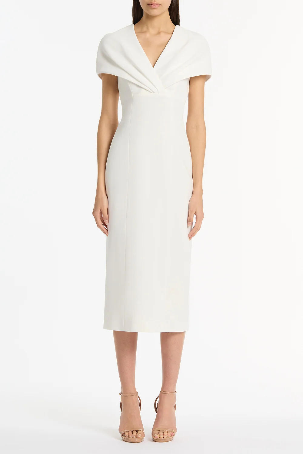 WHITE CREPE FRONT TUCK MIDI DRESS