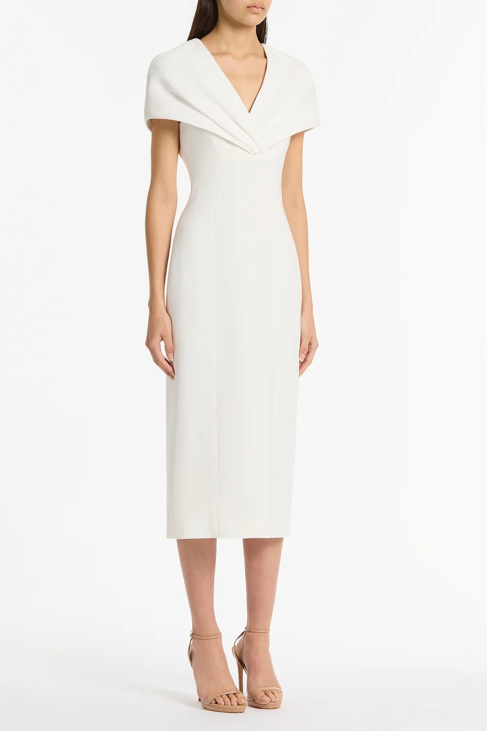WHITE CREPE FRONT TUCK MIDI DRESS - Image 2