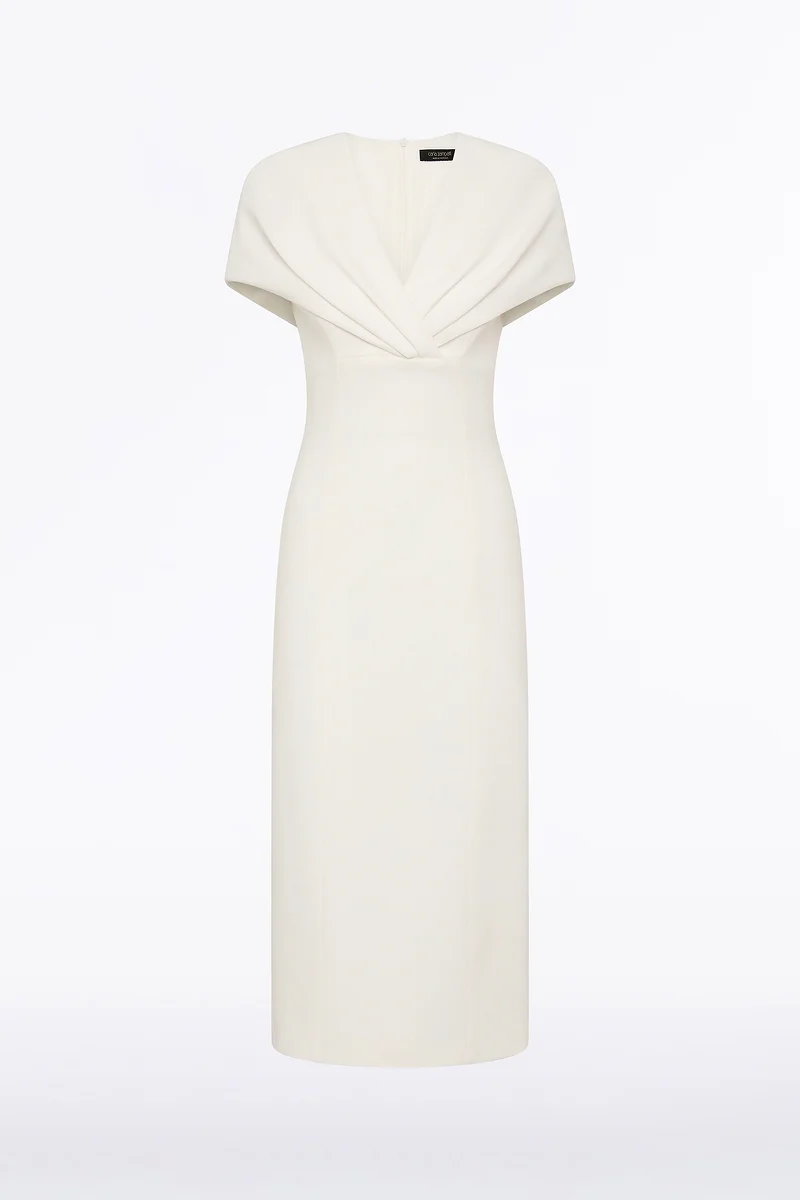 WHITE CREPE FRONT TUCK MIDI DRESS - Image 4