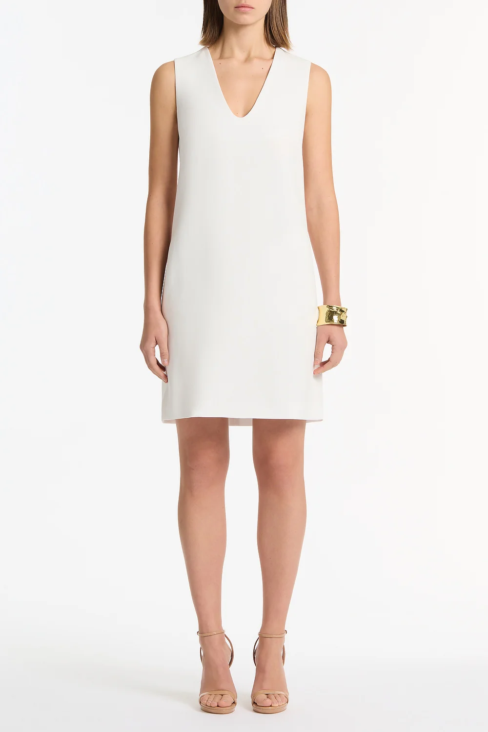 WHITE CREPE SCOOP NECK SHIFT DRESS